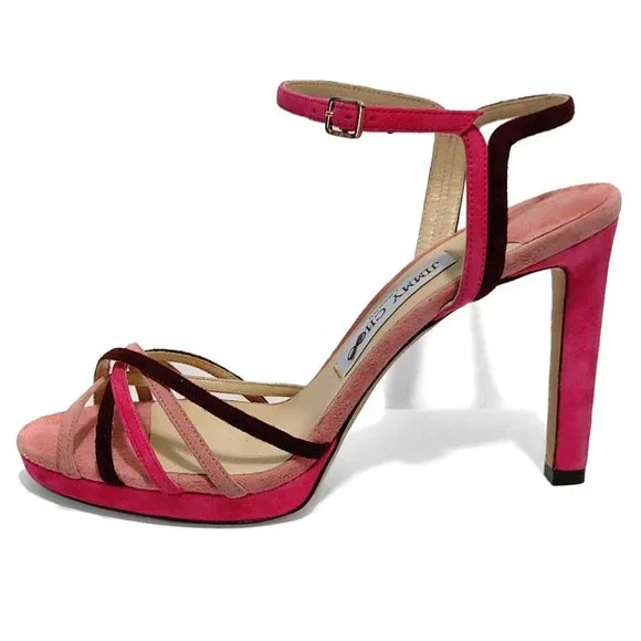 JIMMY CHOO Lilah 100 Hot Pink Suede Strappy Platform Heels Size EU37 7US Sandals